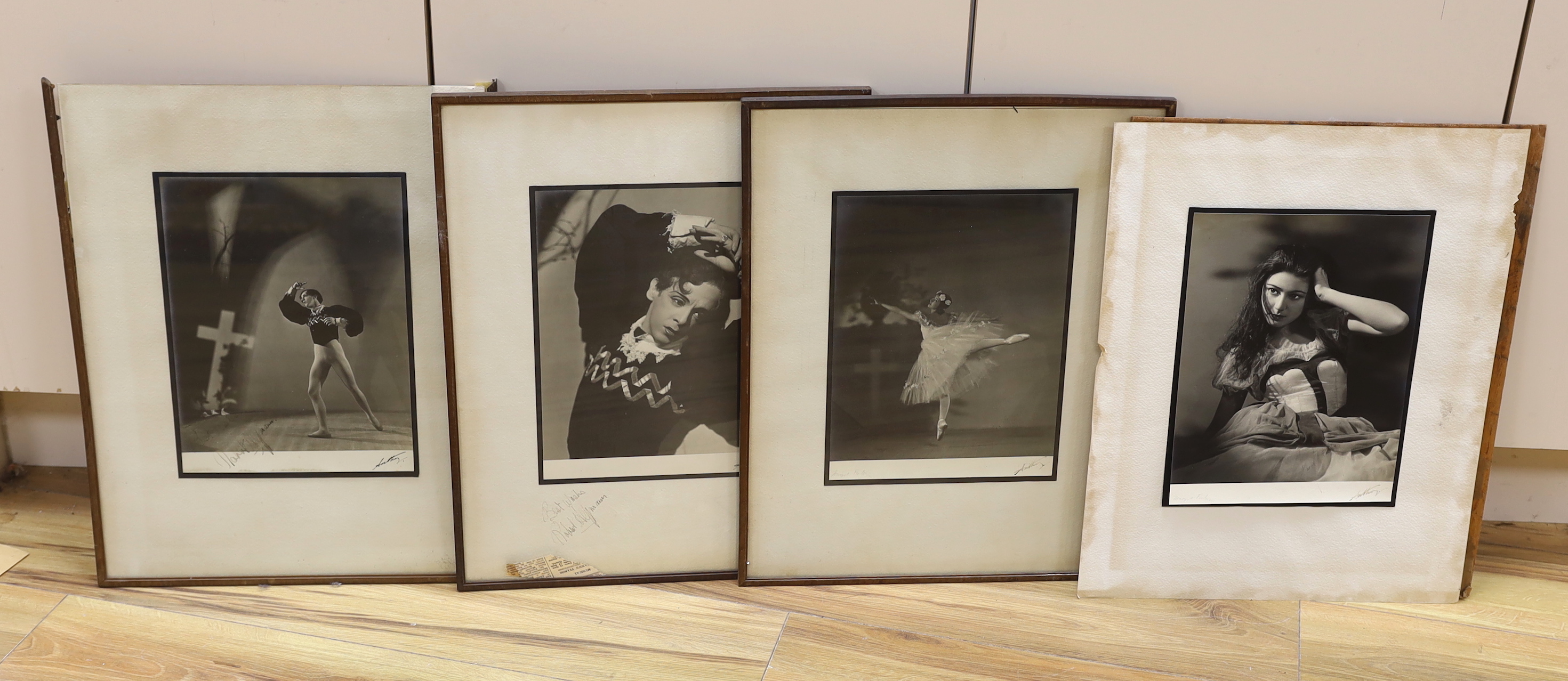 Anthony Crickmay (1937-2020) four black and white photographs, Ballet dancers, Portraits of Margaret Fonteyn and Robert Helpmann, all signed in pencil by both Crickmay and the dancers, each 29 x 22cm